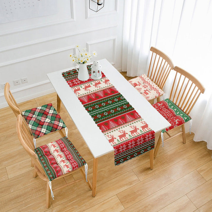 Set of 4 Puffy Chair Pads and 1 Table Runner|Merry Christmas Seat Pad Tablecloth|Pixel Art Xmas Tree Deer Snowflake Seat Cushion Tabletop