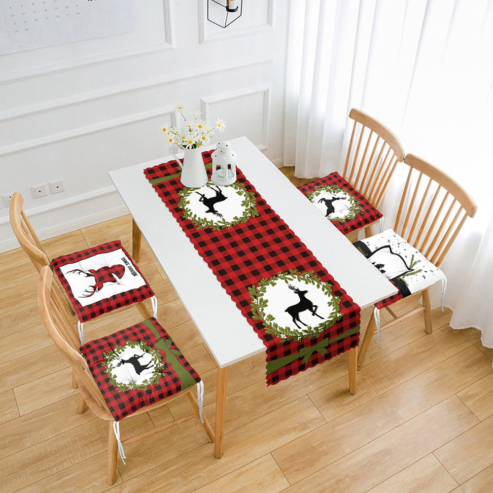 Set of 4 Puffy Chair Pads and 1 Table Runner|Checkered Xmas Deer and Leaves Seat Pad Tablecloth|Plaid Merry Xmas Chair Cushion Tabletop Set