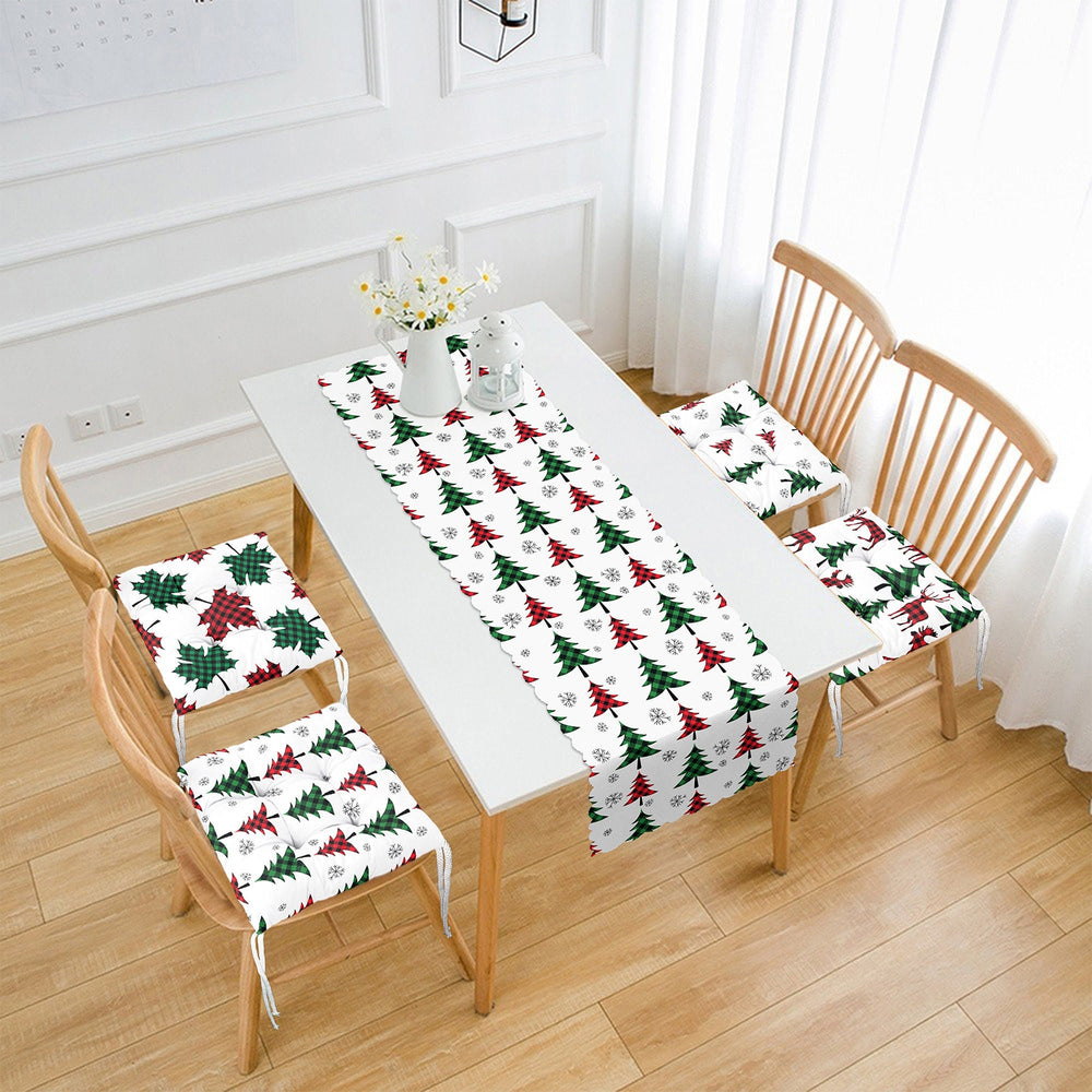 Set of 4 Puffy Chair Pads and 1 Table Runner|Winter Trend Xmas Deer Seat Pad and Tablecloth|Checkered Pine Tree Leaf Chair Cushion Tabletop