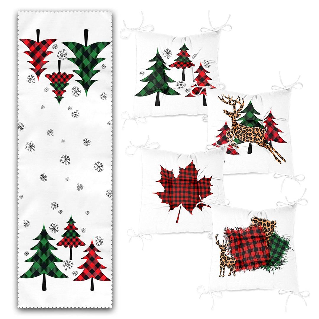 Set of 4 Puffy Chair Pads and 1 Table Runner|Winter Trend Xmas Deer Seat Pad and Tablecloth|Checkered Pine Tree Leaf Snowflake Chair Cushion