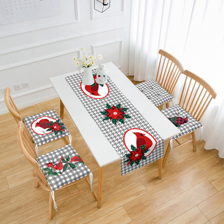 Set of 4 Puffy Chair Pads and 1 Table Runner|Winter Trend Seat Pad and Tablecloth|Plaid Red Cardinal Bird and Poinsettia Xmas Table Decor