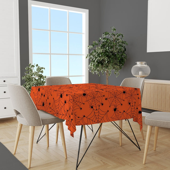 Halloween Tablecloth|Carved Pumpkin, Witch Hat, Spider Web Tabletop|Housewarming Fall Trend Tabletop|Cat with Mask Halloween Table Decor