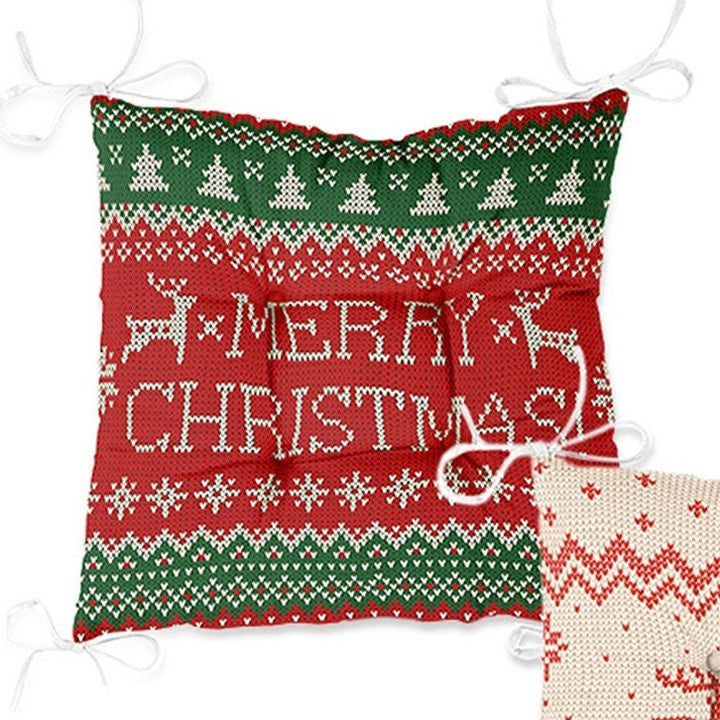 Set of 4 Puffy Chair Pads and 1 Table Runner|Merry Christmas Seat Pad Tablecloth|Pixel Art Xmas Tree Deer Snowflake Seat Cushion Tabletop