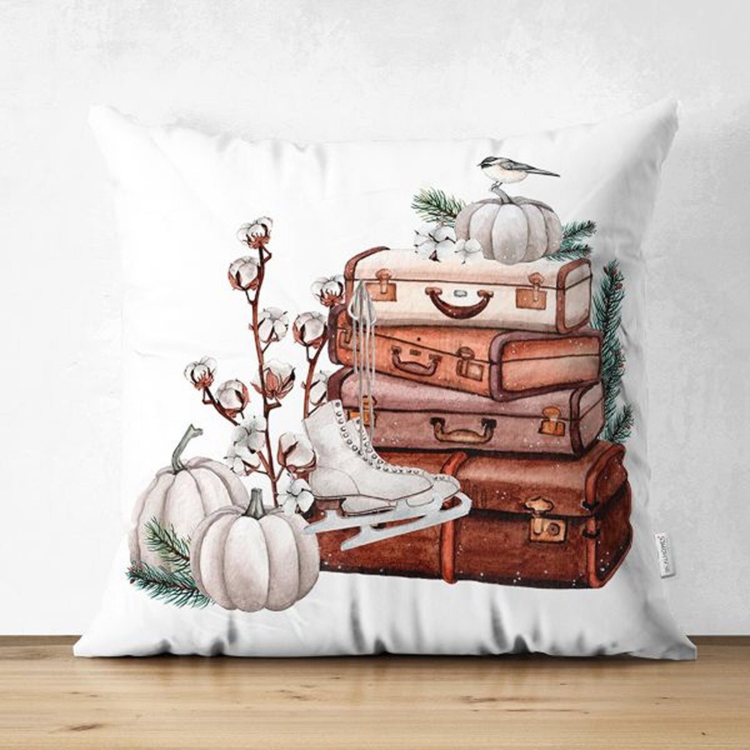 Pumpkin Pillow Cover|Fall Trend Suede Cushion Case|White Pumpkin and Bird Print Throw Pillowtop|Decorative Farmhouse Thanksgiving Cushion