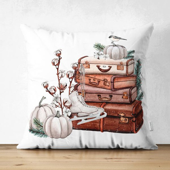 Pumpkin Pillow Cover|Fall Trend Suede Cushion Case|White Pumpkin and Bird Print Throw Pillowtop|Decorative Farmhouse Thanksgiving Cushion