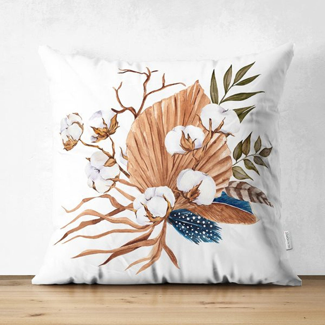 Dry Leaves Pillow Cover|Fall Trend Suede Cushion Case|White Flower and Leaf Print Throw Pillowtop|Decorative Farmhouse Thanksgiving Cushion