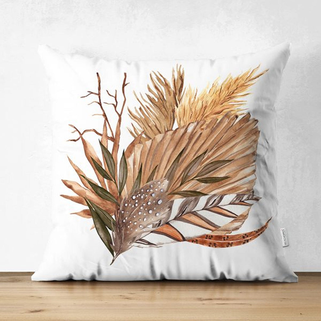 Dry Leaves Pillow Cover|Fall Trend Suede Cushion Case|White Flower and Leaf Print Throw Pillowtop|Decorative Farmhouse Thanksgiving Cushion