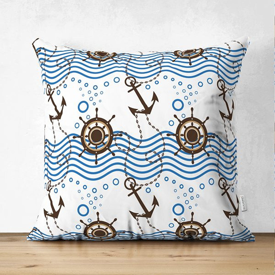 Nautical Pillow Cover|Summer Trend Suede Cushion Case|Anchor and Wheel Print Coastal Throw Pillowtop|Decorative Beach House Cushion Cover