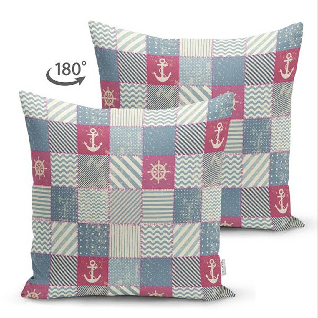 Nautical Pillow Cover|Summer Trend Suede Cushion Case|Anchor and Wheel Print Coastal Throw Pillowtop|Decorative Beach House Cushion Cover