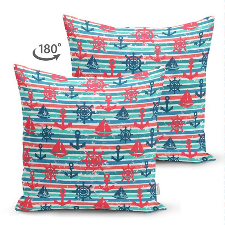 Nautical Pillow Cover|Summer Trend Suede Cushion Case|Anchor and Wheel Print Coastal Throw Pillowtop|Decorative Beach House Cushion Cover