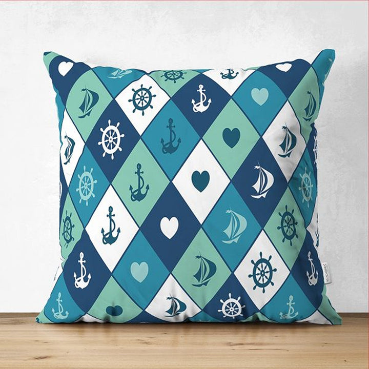 Nautical Pillow Cover|Summer Trend Suede Cushion Case|Anchor and Wheel Print Coastal Throw Pillowtop|Decorative Beach House Cushion Cover