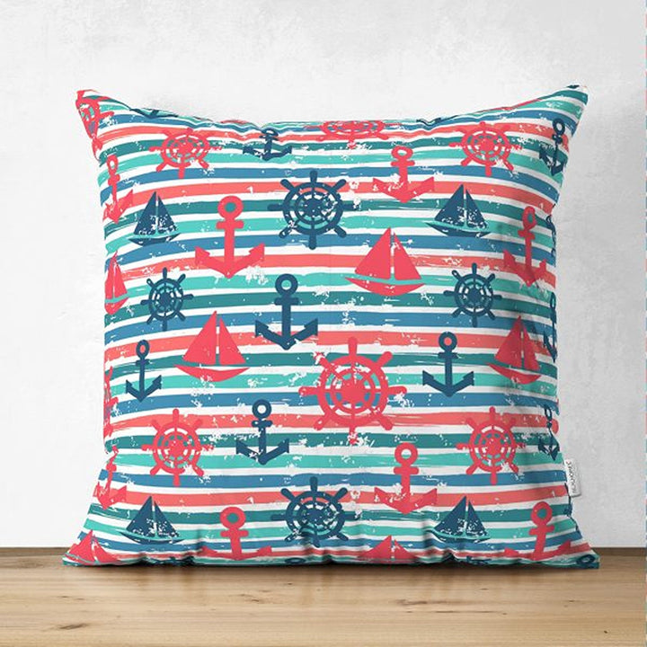 Nautical Pillow Cover|Summer Trend Suede Cushion Case|Anchor and Wheel Print Coastal Throw Pillowtop|Decorative Beach House Cushion Cover