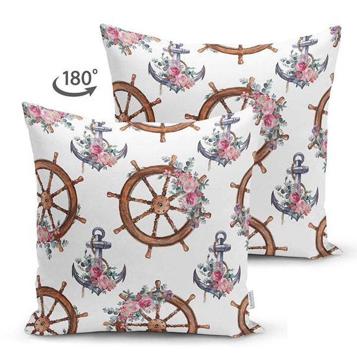 Nautical Pillow Cover|Summer Trend Suede Cushion Case|Floral Anchor and Wheel Coastal Throw Pillowtop|Decorative Beach House Cushion Cover