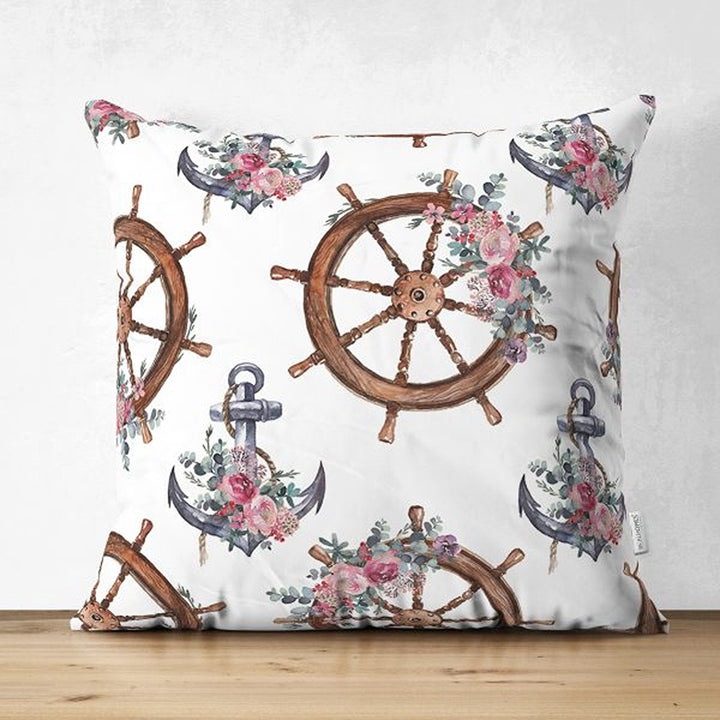 Nautical Pillow Cover|Summer Trend Suede Cushion Case|Floral Anchor and Wheel Coastal Throw Pillowtop|Decorative Beach House Cushion Cover