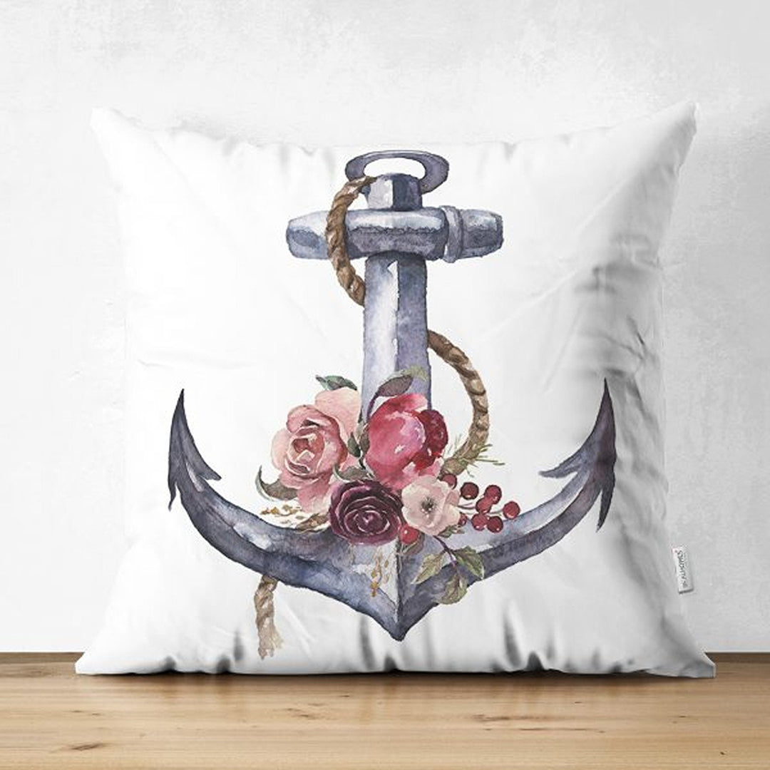 Nautical Pillow Cover|Summer Trend Suede Cushion Case|Floral Anchor and Wheel Coastal Throw Pillowtop|Decorative Beach House Cushion Cover