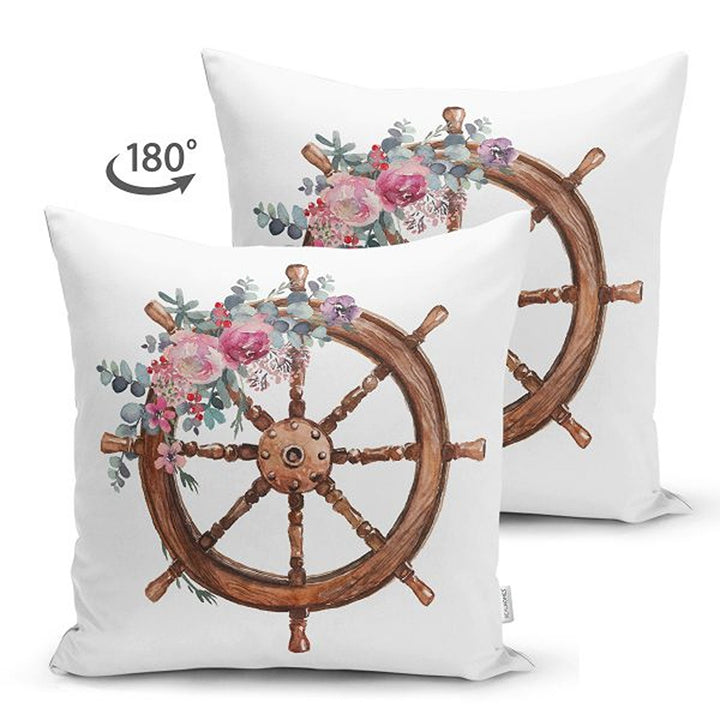 Nautical Pillow Cover|Summer Trend Suede Cushion Case|Floral Anchor and Wheel Coastal Throw Pillowtop|Decorative Beach House Cushion Cover