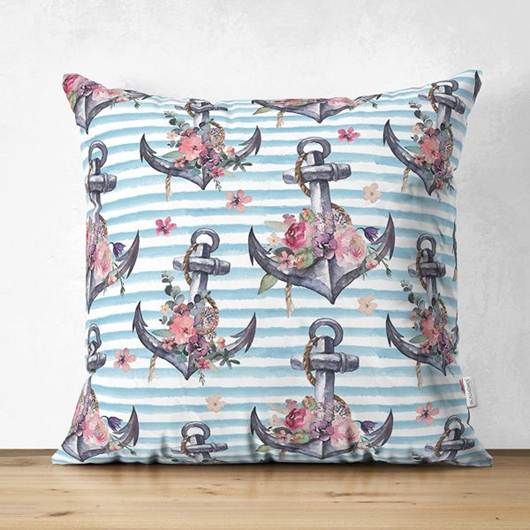 Nautical Pillow Cover|Summer Trend Suede Cushion Case|Striped Floral Anchor and Wheel Throw Pillowtop|Decorative Beach House Cushion Cover