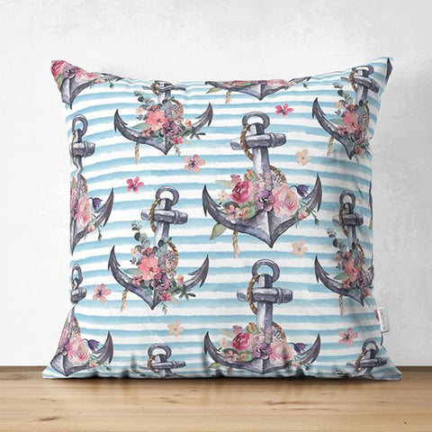 Nautical Pillow Cover|Summer Trend Suede Cushion Case|Striped Floral Anchor and Wheel Throw Pillowtop|Decorative Beach House Cushion Cover