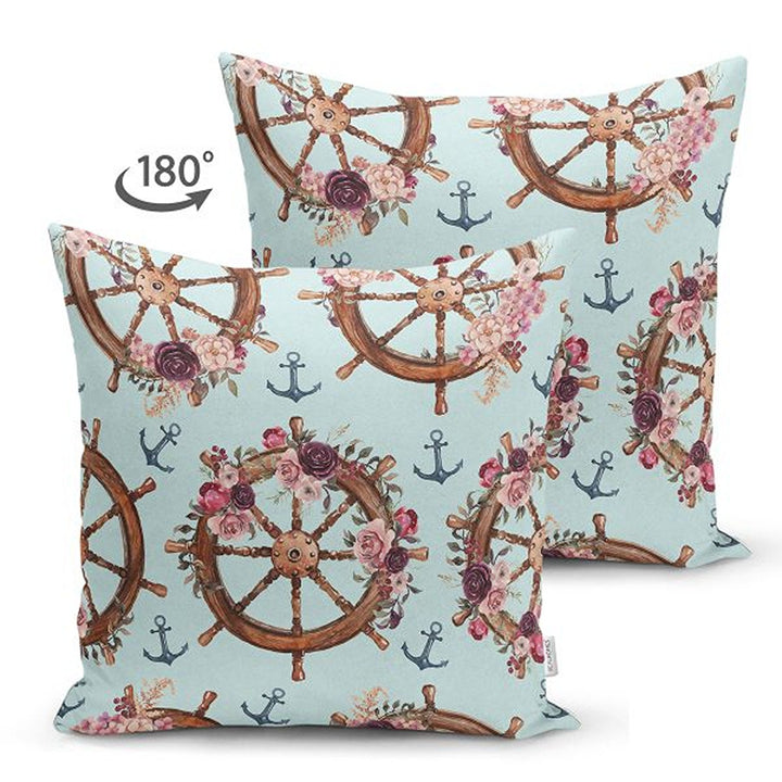 Nautical Pillow Cover|Summer Trend Suede Cushion Case|Striped Floral Anchor and Wheel Throw Pillowtop|Decorative Beach House Cushion Cover