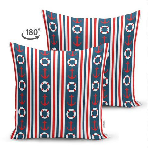 Nautical Pillow Cover|Summer Trend Suede Cushion Case|Striped Anchor and Life Saver Throw Pillowtop|Decorative Beach House Cushion Cover