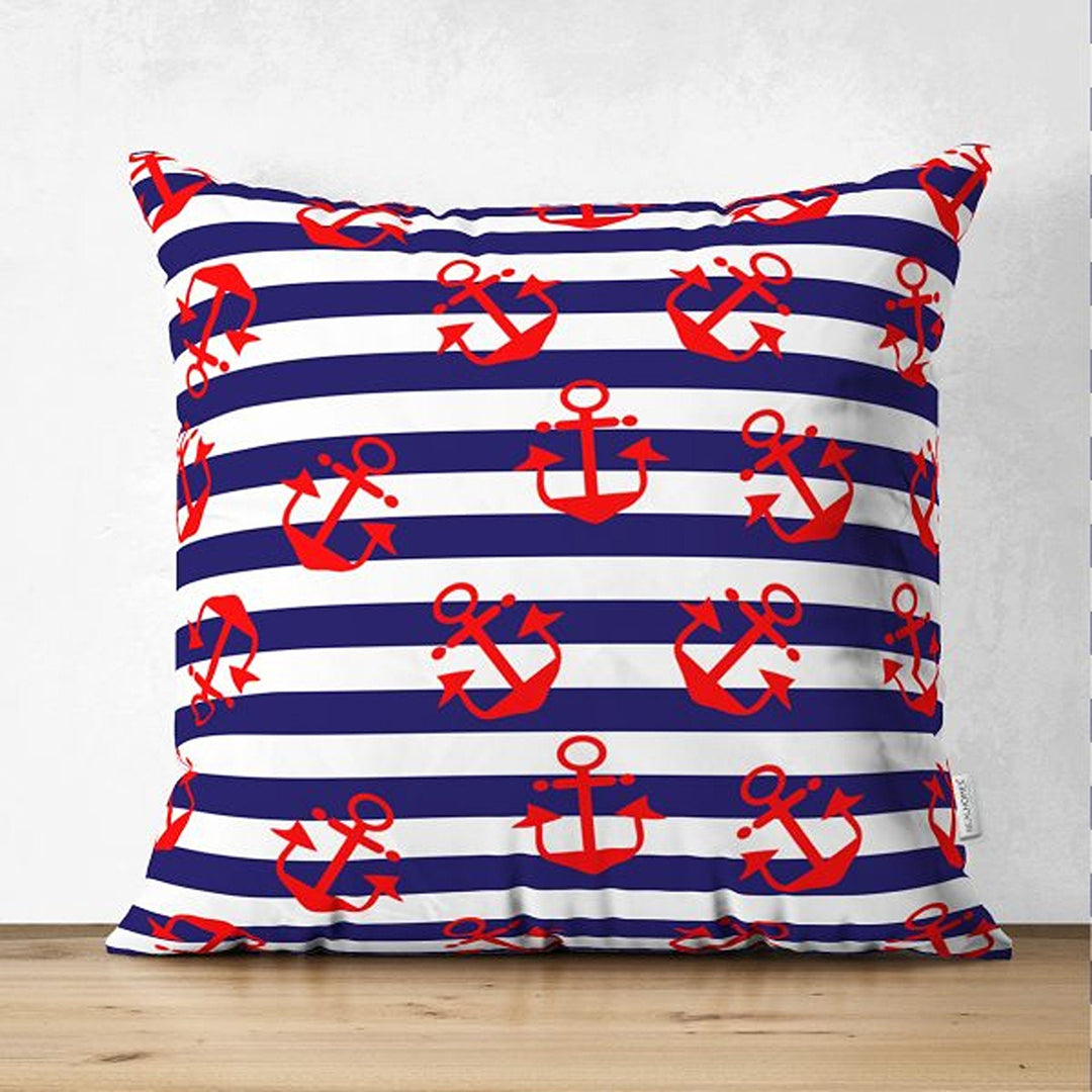 Nautical Pillow Cover|Summer Trend Suede Cushion Case|Striped Anchor and Life Saver Throw Pillowtop|Decorative Beach House Cushion Cover