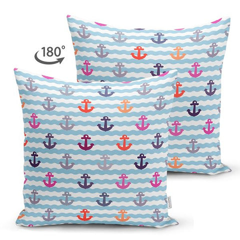 Nautical Pillow Cover|Summer Trend Suede Cushion Case|Striped Anchor and Life Saver Throw Pillowtop|Decorative Beach House Cushion Cover