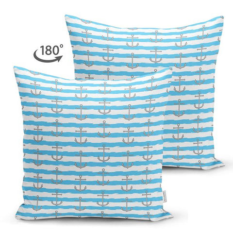 Nautical Pillow Cover|Summer Trend Suede Cushion Case|Striped Anchor and Life Saver Throw Pillowtop|Decorative Beach House Cushion Cover