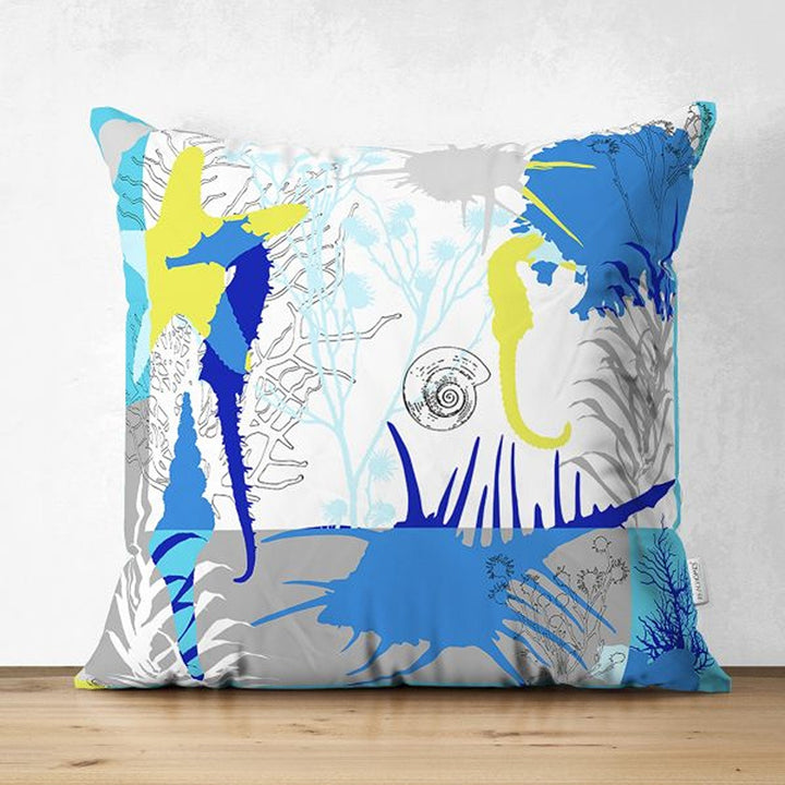 Beach House Pillow Cover|Seahorse Seashell Starfish Coastal Throw Pillow|Abstract Design Nautical Cushion|Summer Trend Suede Cushion Case