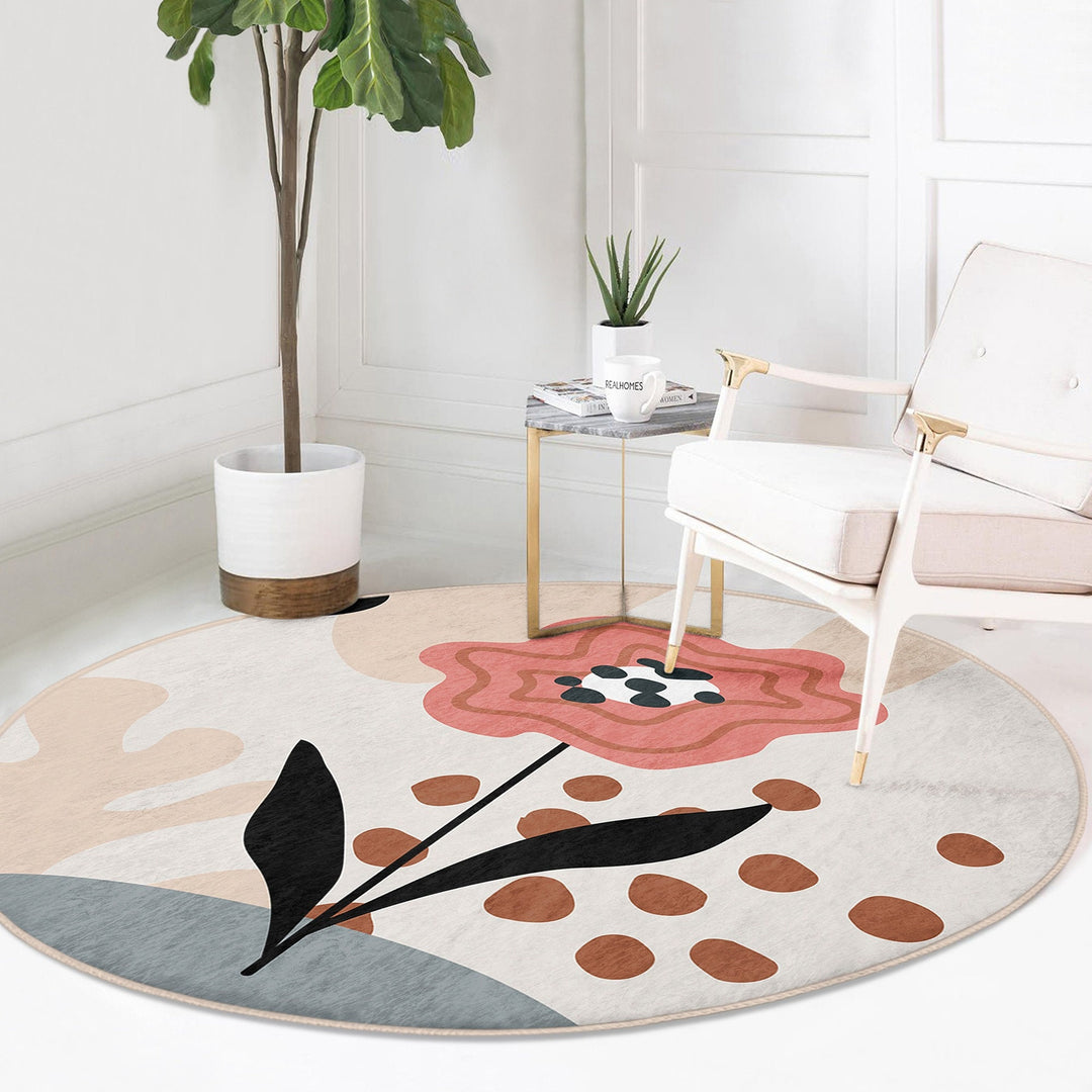 Abstract Floral Round Rug|Non-Slip Round Carpet|Onedraw Rose Circle Carpet|Minimalist Area Rug|Leaf Home Decor|Decorative Anti-Slip Mat