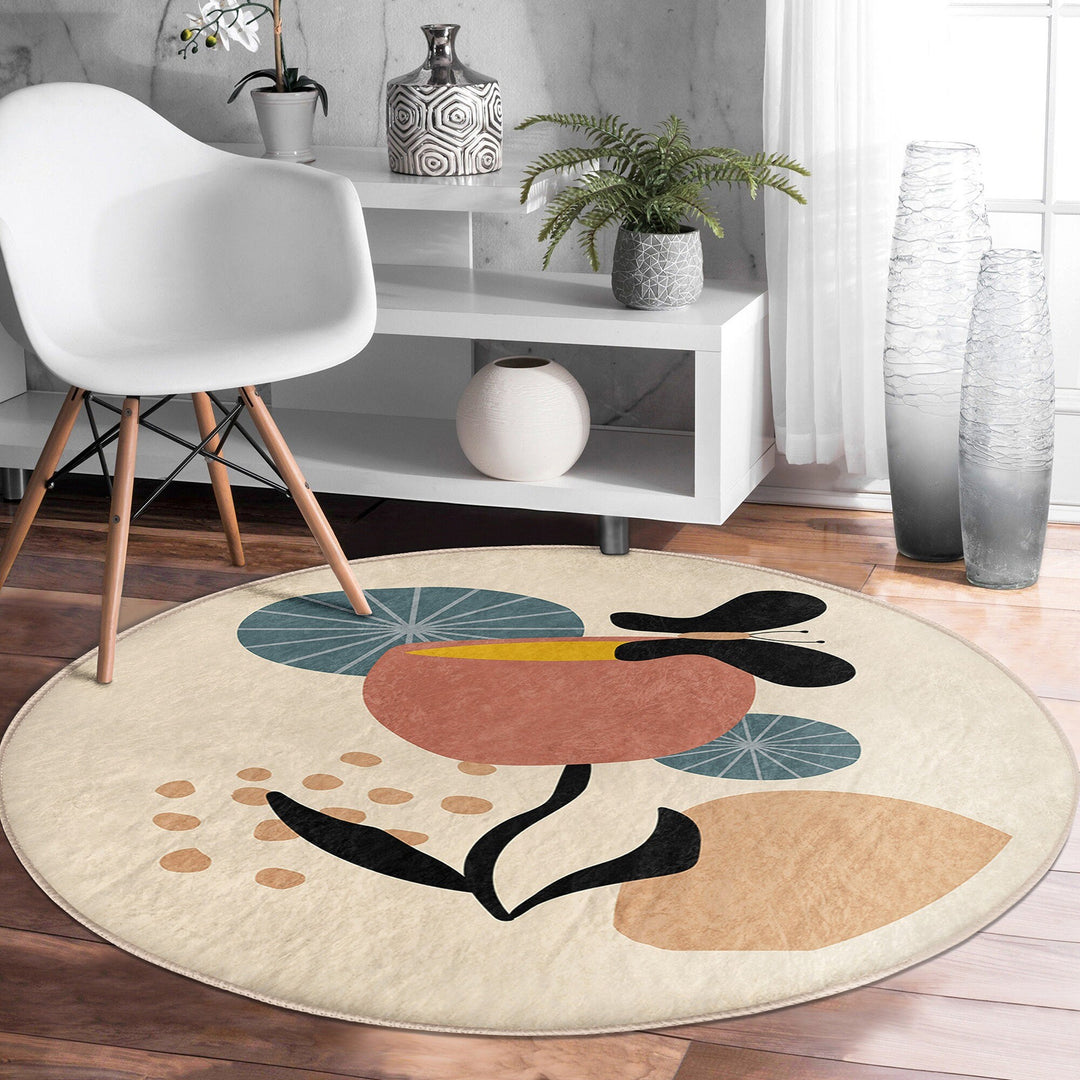 Abstract Floral Round Rug|Non-Slip Round Carpet|Onedraw Rose Circle Carpet|Minimalist Area Rug|Leaf Home Decor|Decorative Anti-Slip Mat