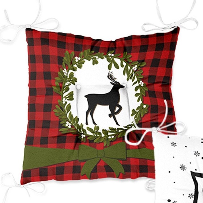 Set of 4 Puffy Chair Pads and 1 Table Runner|Checkered Xmas Deer and Leaves Seat Pad Tablecloth|Plaid Merry Xmas Chair Cushion Tabletop Set