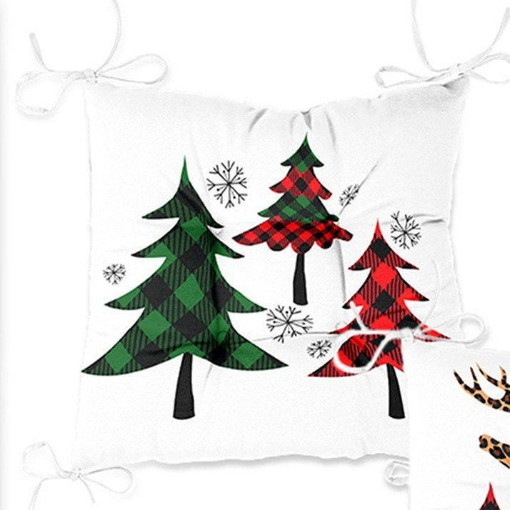 Set of 4 Puffy Chair Pads and 1 Table Runner|Winter Trend Xmas Deer Seat Pad and Tablecloth|Checkered Pine Tree Leaf Snowflake Chair Cushion