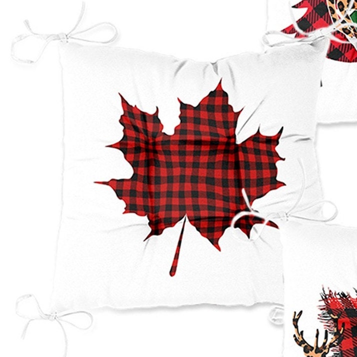 Set of 4 Puffy Chair Pads and 1 Table Runner|Winter Trend Xmas Deer Seat Pad and Tablecloth|Checkered Pine Tree Leaf Snowflake Chair Cushion