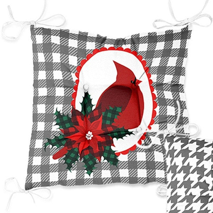 Set of 4 Puffy Chair Pads and 1 Table Runner|Winter Trend Seat Pad and Tablecloth|Plaid Red Cardinal Bird and Poinsettia Xmas Table Decor