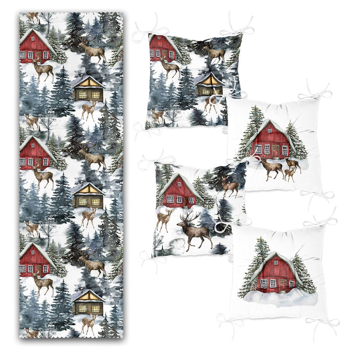 Set of 4 Puffy Chair Pads and 1 Table Runner|Winter Trend Snow House Pine Tree Deer Seat Pad and Tablecloth|Xmas Chair Cushion Tabletop Set