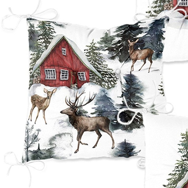 Set of 4 Puffy Chair Pads and 1 Table Runner|Winter Trend Snow House Pine Tree Deer Seat Pad and Tablecloth|Xmas Chair Cushion Tabletop Set