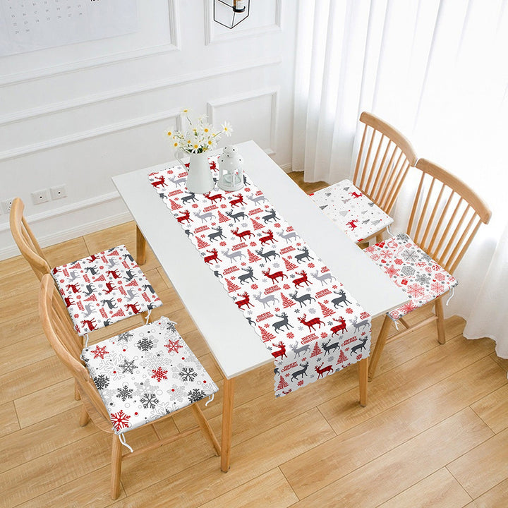 Set of 4 Xmas Chair Pads and 1 Table Runner|Xmas Deer, Tree, Snowflake Seat Pad and Tablecloth|Merry Christmas Chair Cushion Tabletop Set