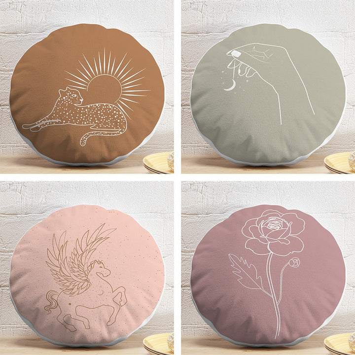 Set of 4 Onedraw Round Pillow Case|Hand, Rose and Animal Print Circle Pillow Cover|Decorative Abstract Line Art Pillow|Outdoor Cushion Cover