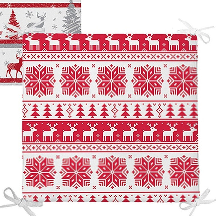 Set of 4 Winter Chair Pads and 1 Table Runner|Winter Trend Xmas Deer, Tree, Snowflake Seat Pad and Tablecloth|Xmas Chair Cushion Tabletop