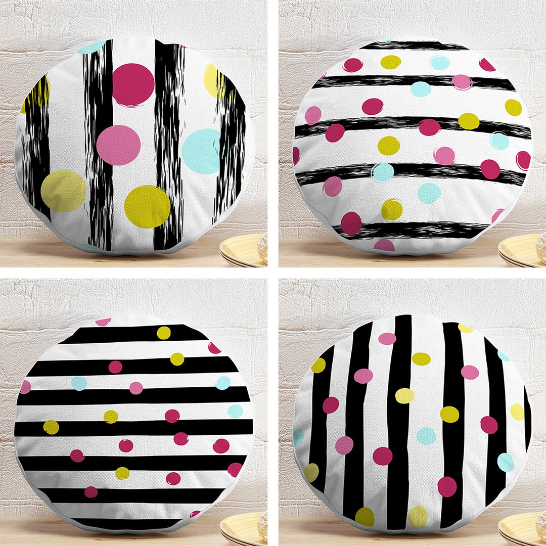 Set of 4 Abstract Round Pillow Case|Geometric Print Circle Pillow Cover|Decorative Striped and Polkadot Art Pillow|Outdoor Cushion Cover