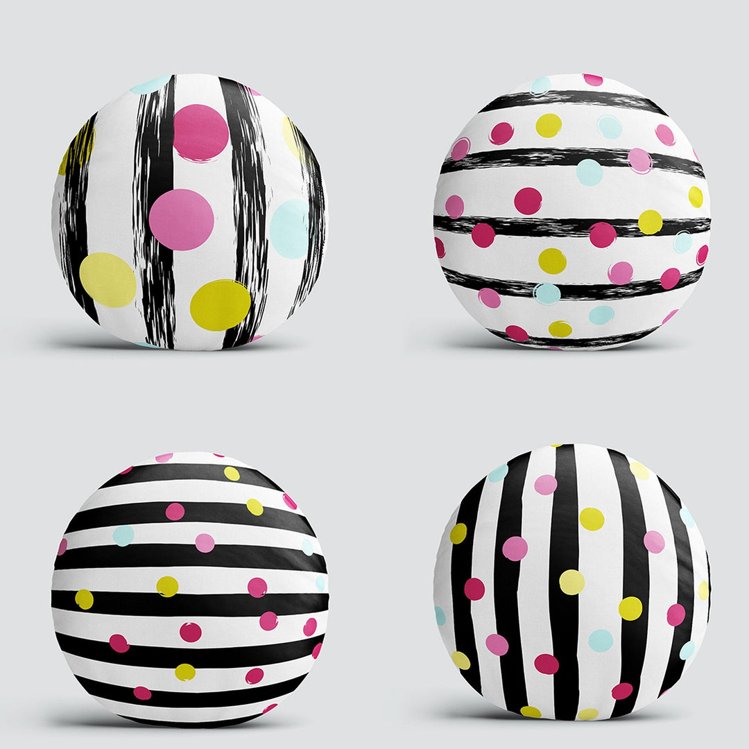 Set of 4 Abstract Round Pillow Case|Geometric Print Circle Pillow Cover|Decorative Striped and Polkadot Art Pillow|Outdoor Cushion Cover