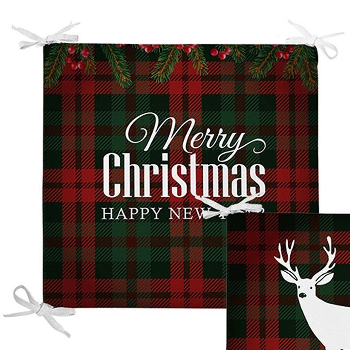 Set of 4 Xmas Chair Pads and 1 Table Runner|Merry Christmas Deer Seat Pad and Tablecloth|Plaid Happy New Year Chair Cushion and Tabletop