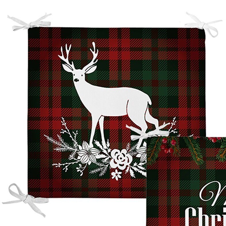 Set of 4 Xmas Chair Pads and 1 Table Runner|Merry Christmas Deer Seat Pad and Tablecloth|Plaid Happy New Year Chair Cushion and Tabletop