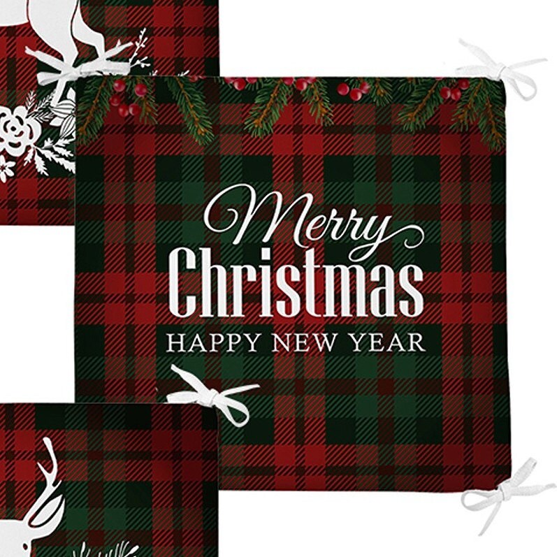 Set of 4 Xmas Chair Pads and 1 Table Runner|Merry Christmas Deer Seat Pad and Tablecloth|Plaid Happy New Year Chair Cushion and Tabletop