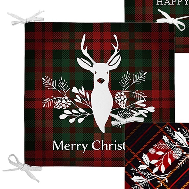 Set of 4 Xmas Chair Pads and 1 Table Runner|Merry Christmas Deer Seat Pad and Tablecloth|Plaid Happy New Year Chair Cushion and Tabletop