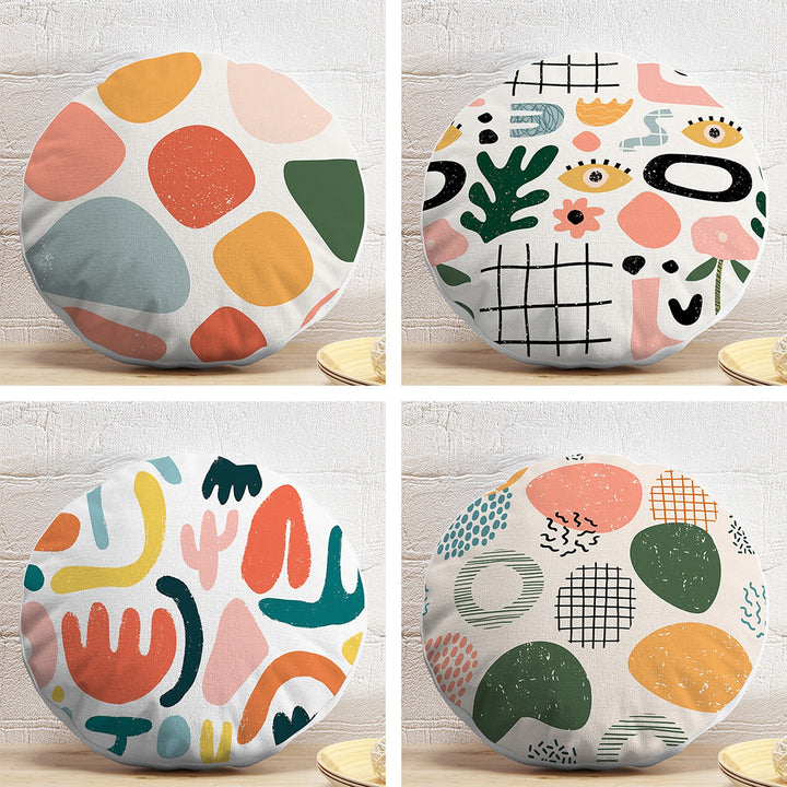 Set of 4 Abstract Round Pillow Case|Boho Circle Pillow Cover|Decorative Abstract Shapes Pillowtop|Outdoor Cushion Cover|Cozy Porch Cushion