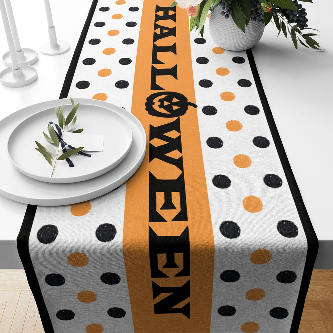 Halloween Table Runner|Polkadot Orange Black Halloween Print Tablecloth|Black Cat and Witch Hat Table Decor|Geometric Fall Trend Home Decor