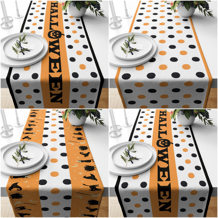 Halloween Table Runner|Polkadot Orange Black Halloween Print Tablecloth|Black Cat and Witch Hat Table Decor|Geometric Fall Trend Home Decor