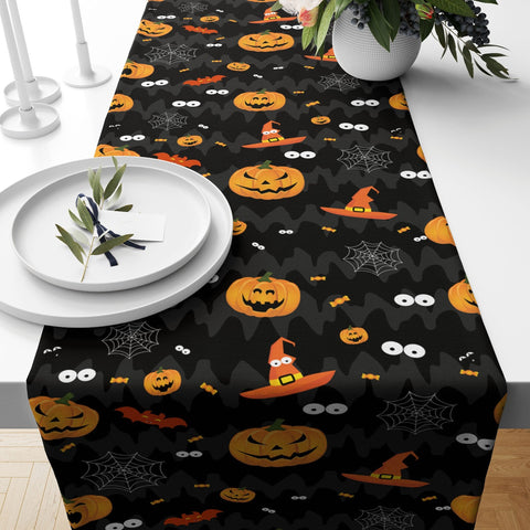 Halloween Table Runner|Pumpkin and Skull Tablecloth|Black Cat and Witch Hat Home Decor|Floral Carved Pumpkin Tabletop|Halloween Party Decor