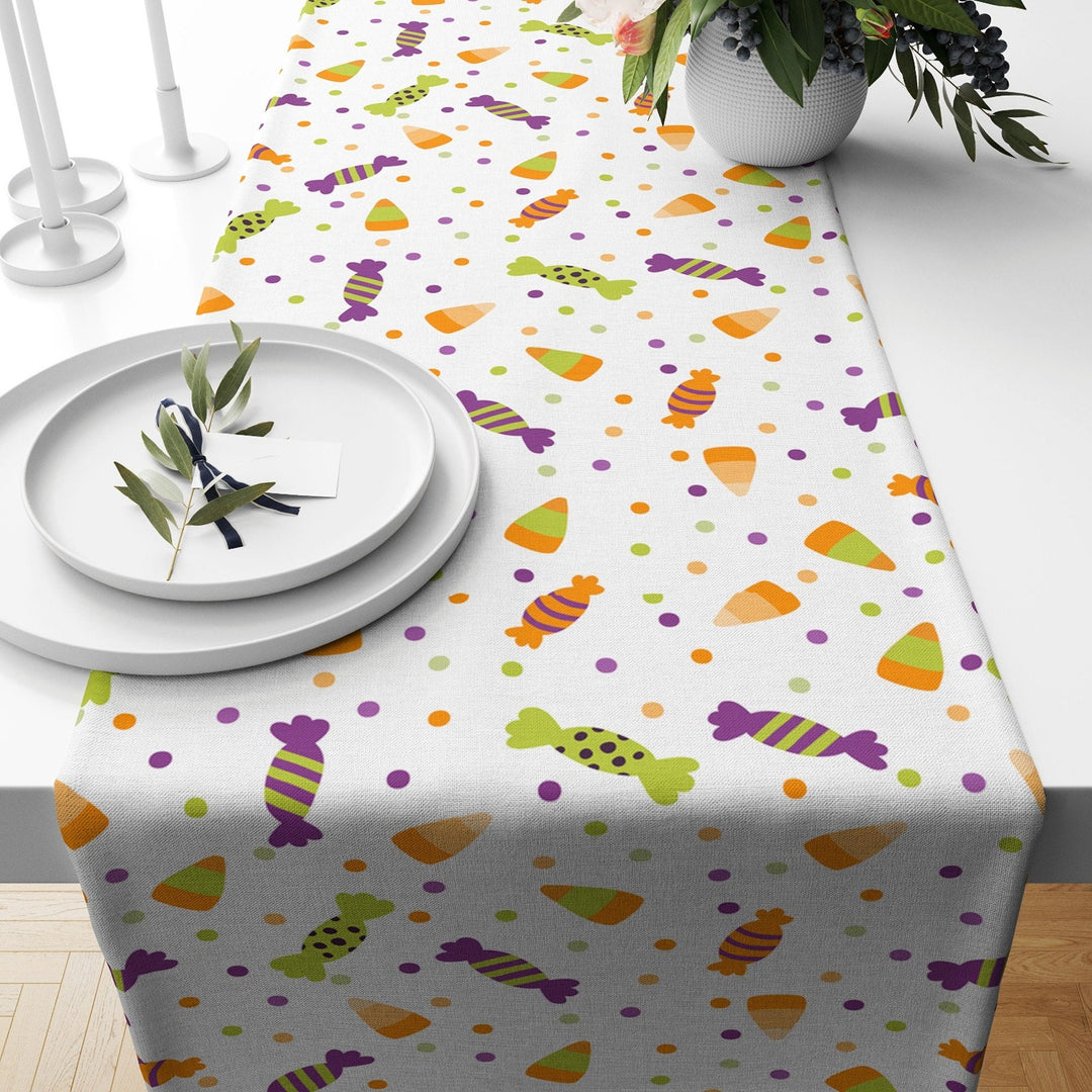 Halloween Table Runner|Purple Witch Hat Print Tabletop|Halloween Treat Tablecloth|Candy and Cute Pumpkin Table Decor|Scary Kitchen Decor